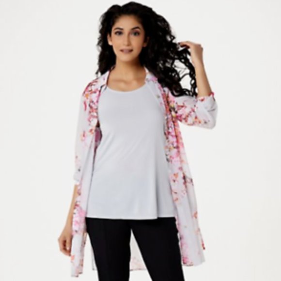dennis basso Tops - Women's Printed Chiffon Button Down Duster and Tank